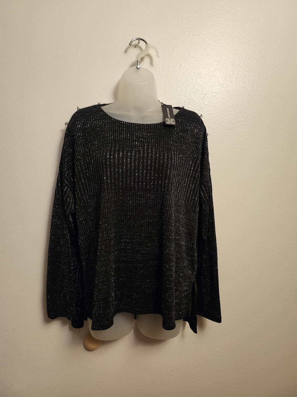 NWT Cable & Gauge Black Metallic Thread Long-Sleeve Top With Rhinestone Detail